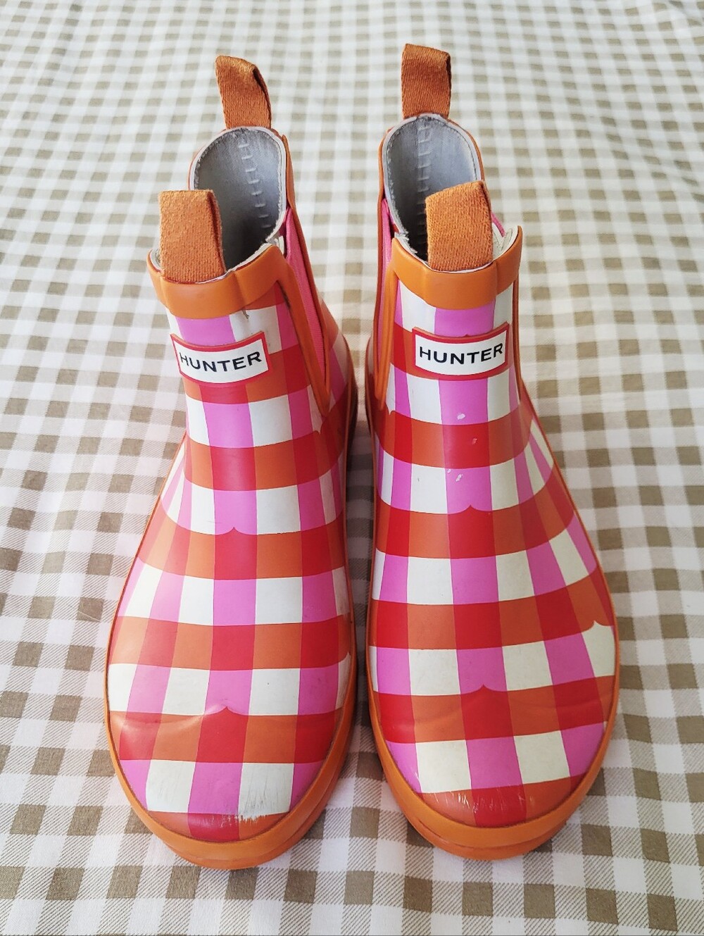 Hunter Pink, Orange & White Gingham Short Rain Boots, Size 3-3.5